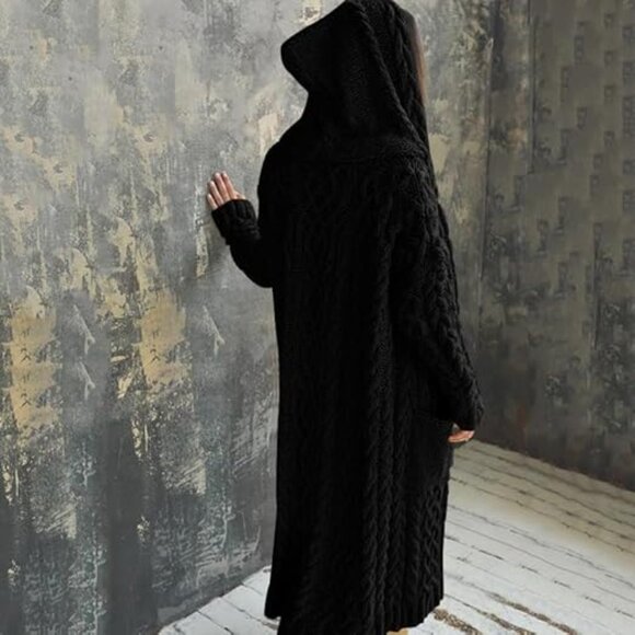 🔥 Oversized Chunky Cozy Long Black Cable Knit Maxi Hoodie Cardigan Open Front - Picture 4 of 6